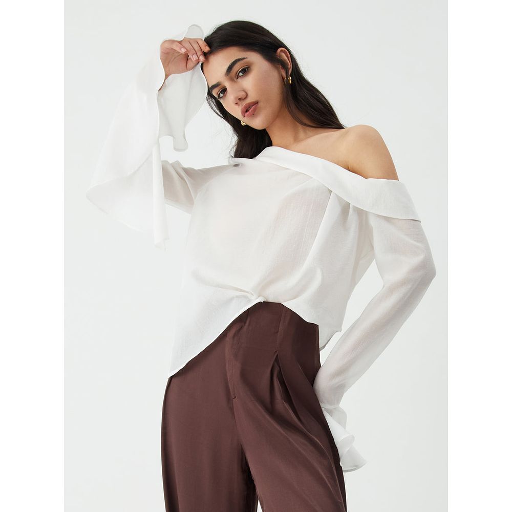 Commense Off Shoulder White‎ Sheer Blouse | Long Sleeve Elegant Top S